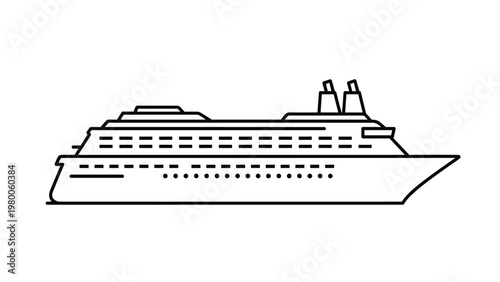 Detailed line art illustration of a large cruise ship, showcasing the deck structure, windows, and chimneys for travel and tourism.