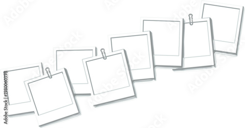 Blank polaroid photo frames hanging on string with clips, empty picture mockup template for memories collage, minimal design vector illustration