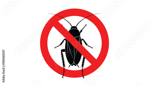 Black cockroach silhouette placed inside a bright red prohibition sign, indicating pest control and insect prevention services.