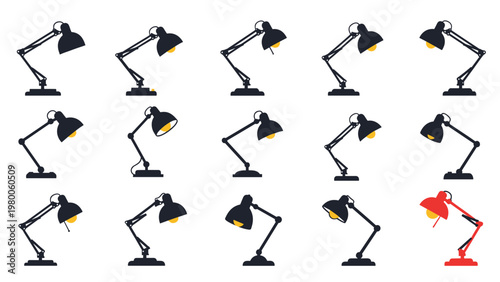 Grid of fifteen desk lamp silhouettes with one highlighted in red, depicting variety and selection in lighting products or ideas.