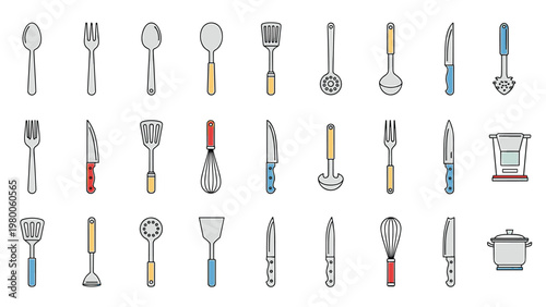 Comprehensive set of kitchen utensils and tools in a clean, flat style, featuring spoons, spatulas, knives, and various cooking aids.