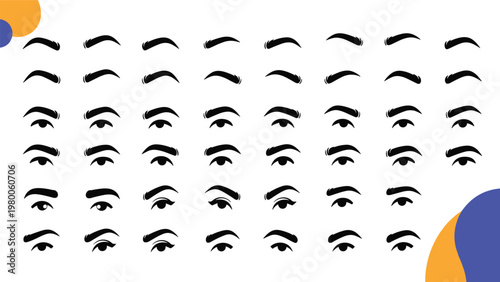 Comprehensive guide of eyebrow and eye shape illustrations, showcasing different styles for beauty, makeup, and facial expressions.