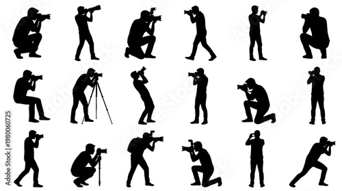 Collection of diverse photographer silhouettes in various action poses capturing moments with cameras and tripods, representing creativity and visual storytelling