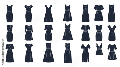 Large array of black silhouettes for different dress styles and silhouettes, covering various lengths, sleeves, and necklines.