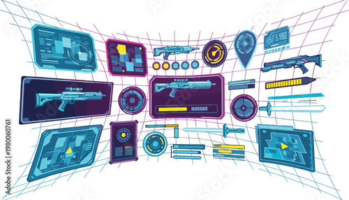 Futuristic weapon selection interface with holographic screens neon HUD elements sci fi gaming dashboard and digital control panels in flat vector illustration style