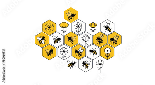 Bees on Honeycomb Cells Illustration.