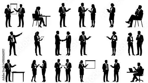 Diverse business professionals in silhouette engaged in meetings presentations and discussions symbolizing teamwork collaboration and corporate success
