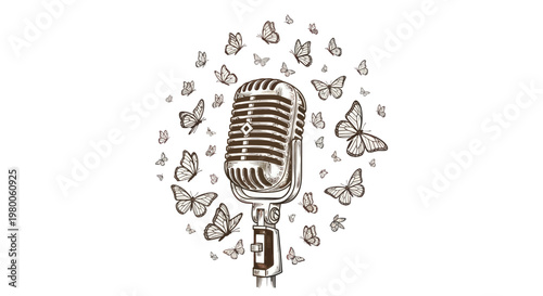 Vintage Microphone with Flying Butterflies.