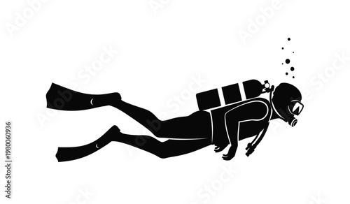 A striking black silhouette depicts a scuba diver gracefully swimming underwater complete with gear and bubbles silhouette high quality professional detailed modern elegant stylish