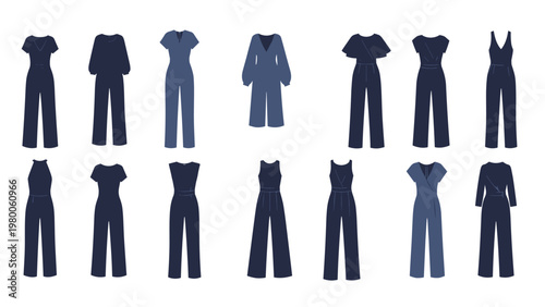 Grid of fourteen silhouettes of women jumpsuits and rompers in dark blue, showcasing various styles, sleeves, and pant lengths.