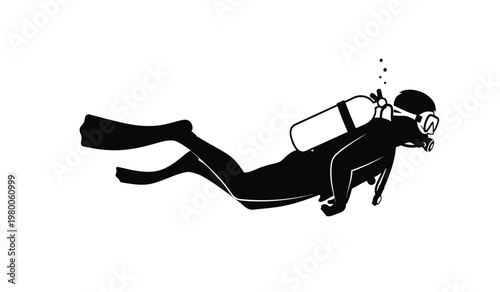 A striking black silhouette depicts a scuba diver gracefully moving underwater bubbles rising above creating a sense of exploration silhouette high quality professional detailed