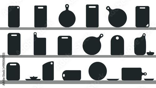 Collection of wooden cutting board silhouettes displayed on kitchen shelves offers a professional look for culinary and cooking projects.