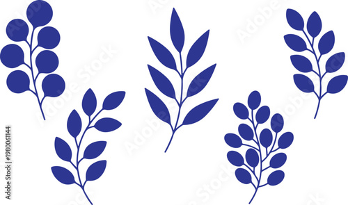 Five Blue Botanical Branch Silhouettes on White Background leaf