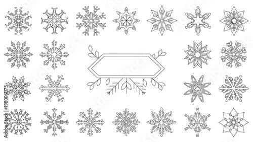 Elaborate collection of delicate snowflake designs provides a winter holiday theme for seasonal decorations and festive graphic arts.
