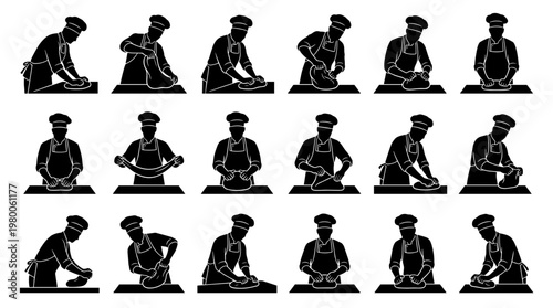 Collection of Silhouettes Illustrating a Baker Kneading Dough in Various Stages of Bread Making Process