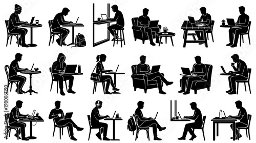 Diverse group of people working remotely on laptops in various casual settings like cafes and home offices, illustrating modern digital nomad lifestyle and freelance work.