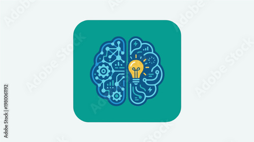 Brain and light bulb icon on teal background, creative thinking and artificial intelligence concept.