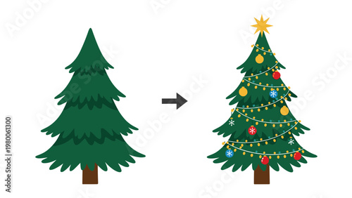 Visual comparison shows a plain green fir tree being transformed into a beautifully decorated Christmas tree with lights and ornaments.