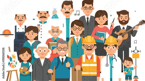 Group of diverse professionals and workers including doctor, engineer, artist, musician, teacher and construction worker in friendly flat vector illustration