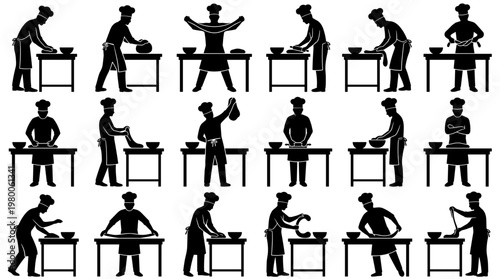 Culinary artist demonstrates diverse dough preparation techniques in a sequence of graphic illustrations for food preparation and baking instruction