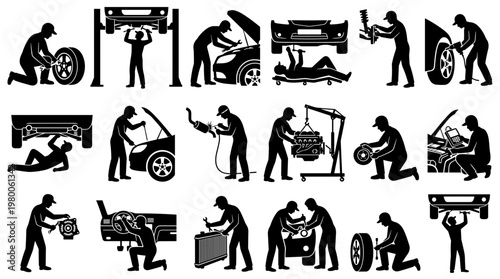 Car repair service icons set showing mechanics working on vehicles in a garage fixing engines wheels and bodywork with tools and equipment