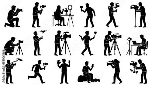 Diverse group of videographers and photographers capturing content with cameras drones and professional equipment illustrating modern media creation and content production