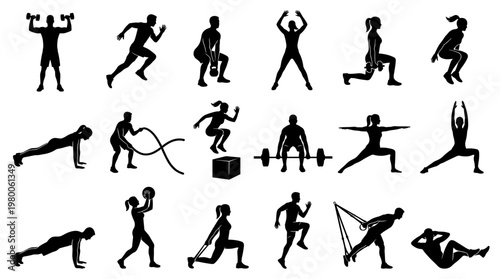 Diverse group of people performing various fitness exercises and strength training workouts demonstrating healthy lifestyle and active recreation