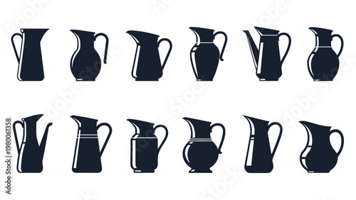 Array of different jug and pitcher silhouettes illustrates various vessel styles for liquid storage and pouring in kitchen settings.