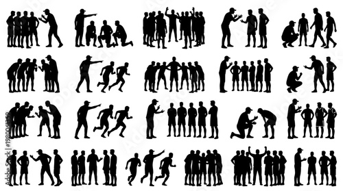 Diverse group of people in silhouette engaged in various activities including sports, business meetings, and social interactions, representing teamwork and community