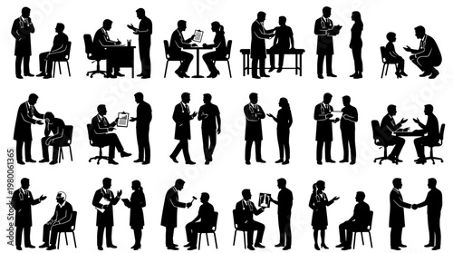 Diverse medical professionals interacting with patients in various healthcare settings, illustrating consultation and treatment scenes