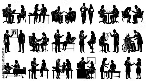 Diverse medical professionals consulting with patients in various healthcare settings showcasing consultation examination and treatment scenarios