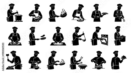 Collection of chef silhouettes performing various culinary tasks in the kitchen, showcasing cooking and food preparation actions.