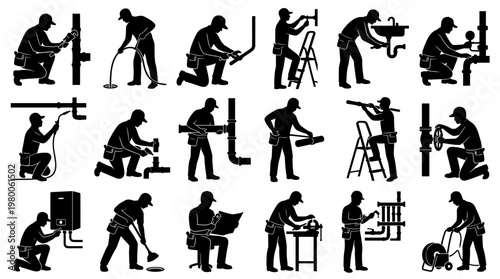Plumber icons silhouette set showing various repair and installation tasks in residential and commercial settings