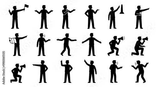 Collection of Silhouettes Representing Communication Leadership and Action Diverse Poses Showing Gestures and Megaphones for Business and Social Concepts