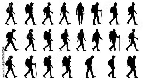 Silhouette collection of hikers walking with backpacks on white background representing travel adventure and outdoor activity