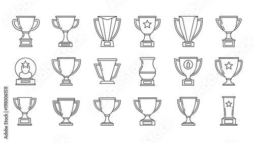 Comprehensive set of trophy cup outlines represents different award designs for sports, competitions, and achievement ceremonies.