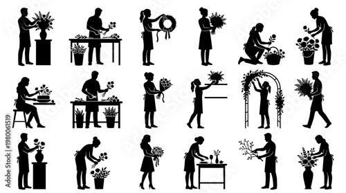 Diverse people engaged in floral arrangement and flower shop activities showcasing artistry and small business operations