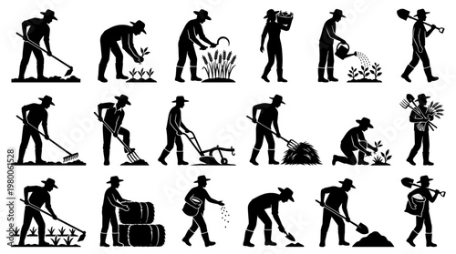 Collection of farmer silhouettes performing various agricultural tasks like planting watering harvesting and plowing symbolizing rural work and organic farming