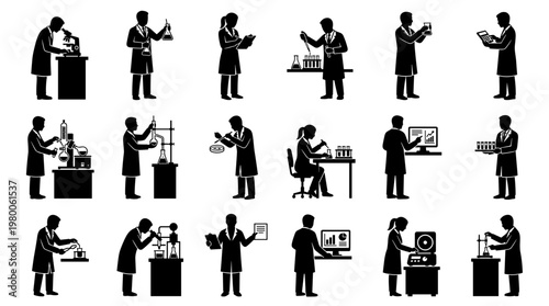 Diverse scientists and researchers performing experiments and analyzing data in a laboratory setting, showcasing innovation and discovery.