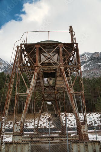 An old, disused gantry crane located at the Canfranc International Station in the Aragonese Pyrenees. Huesca, Spain