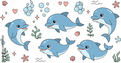 Cute dolphin cartoon collection with playful sea animals bubbles shells and aquatic elements marine life illustration set