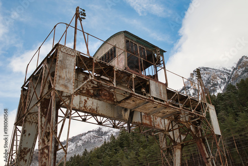 An old, disused gantry crane located at the Canfranc International Station in the Aragonese Pyrenees. Huesca, Spain