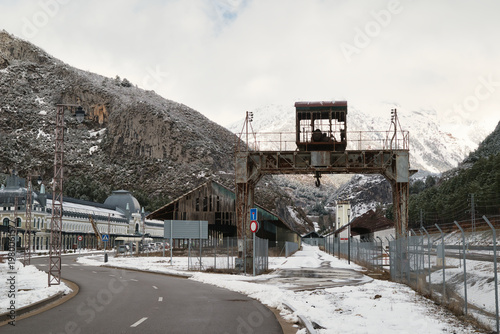 An old, disused gantry crane located at the Canfranc International Station in the Aragonese Pyrenees. Huesca, Spain