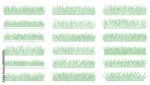 Large collection of various green grass tuft illustrations provides a natural ground cover theme for landscape and garden design.