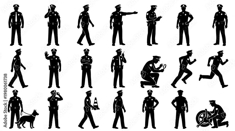 Fototapeta premium Collection of police officers in various poses and actions, representing law enforcement and public safety, isolated on a white background