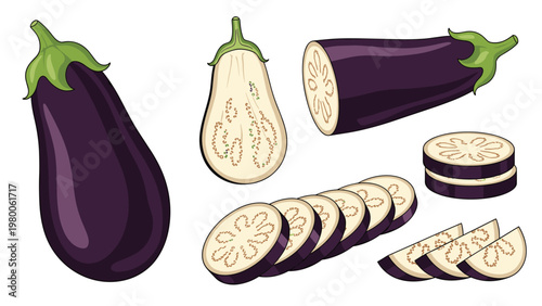 Purple eggplant vegetable collection featuring a whole specimen alongside various sliced portions including cross-sections and wedges.