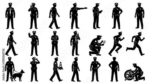 Collection of police officers in various poses and actions, representing law enforcement and public safety, isolated on a white background