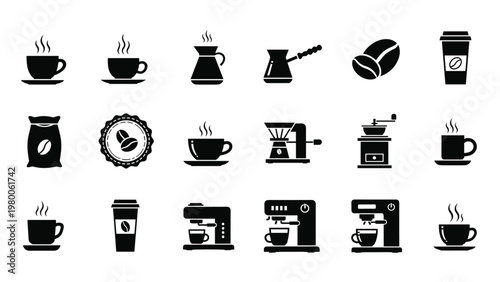 Extensive set of black coffee icons including cups beans grinders espresso machines and take-away containers for cafe branding.