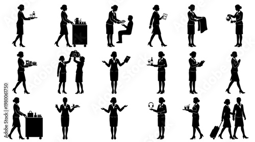 Collection of Silhouettes of Flight Attendants Performing Various Service Duties on an Airplane and in an Airport Setting