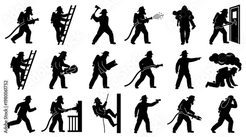 Firefighter silhouettes in action poses, representing emergency response, rescue, and safety professions, diverse activities including climbing ladders and using hoses